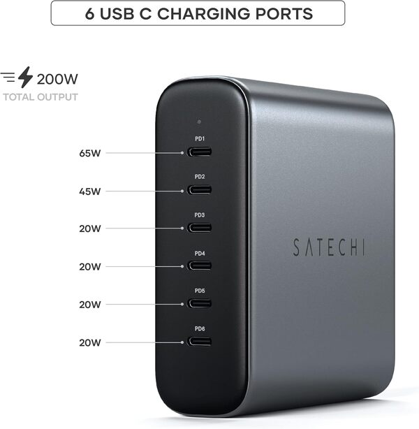 Satechi Station de charge GaN 6 ports 200 W, 2 USB-C 140 W et 4 USB-C, chargeur de voyage à charge rapide pour plusieurs appareils, pour MacBook Air/Pro M4, iPad Air/Pro M4, iPhone 16, la plupart des