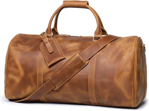 Leathfocus Sac de voyage en cuir pour homme avec fermeture éclair YKK, sac de sport rétro, marron, Sac en cuir rétro classique