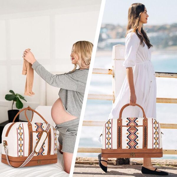 Sacs de week-end en toile pour femme – Grand sac de voyage à main avec compartiment à chaussures et trousse de toilette – Idéal pour les voyages d'affaires et les voyages, blanc, Sacs de voyage