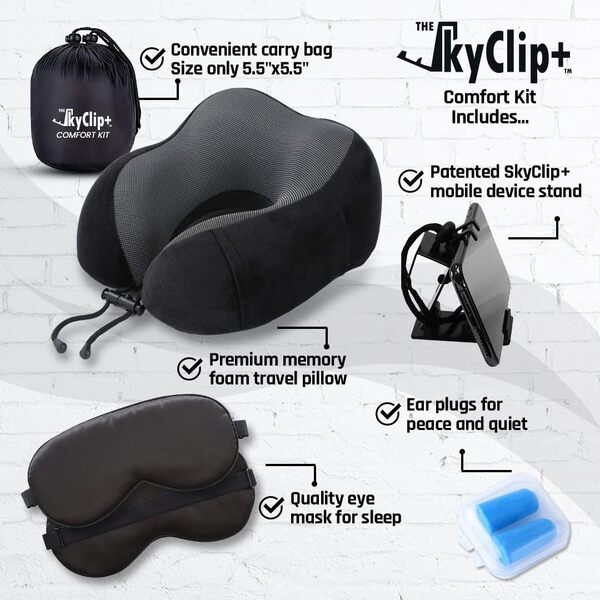 The SkyClip + Ensemble d'oreillers de voyage – Kit de voyage en avion avec oreiller cervical en mousse à mémoire de forme, masque pour les yeux, bouchons d'oreilles, clip de support de téléphone et de