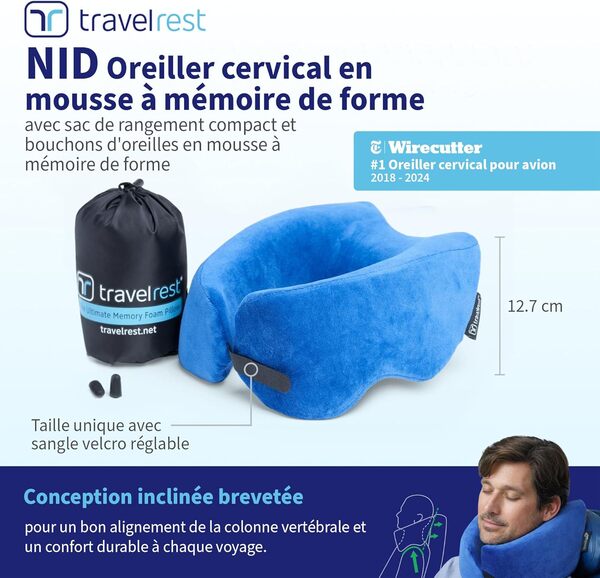 Travelrest Oreiller de Voyage en Mousse à mémoire de Forme Ultime, Lavable,Le Meilleur Coussin de Voyage voté pour 2018-2024 par NYTimes WIRECUTTER,Lot de 1/4 de sa Taille