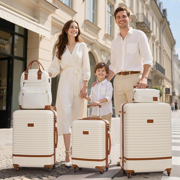 COOLIFE Valise, 5 Pièces Set de Valise avec Sacs de Voyage et Trousse de Toilette pour Les Voyages en Famille, Serrure TSA et roulettes Pivotantes à 360° (Blanc/Marron, Set 5 Pièces)