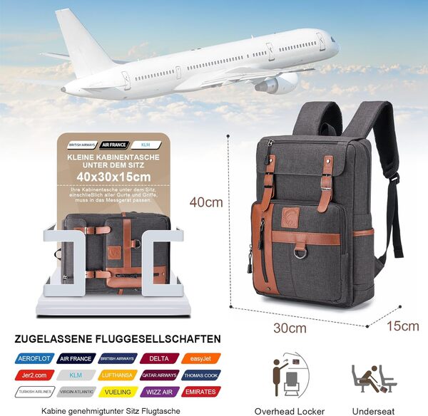 SUCIKORIO 40x30x15cm Air France British Airways Wizzair Sac a Dos Voyage Bagage Cabine Avion Vueling sous Le Siege, Imperméable Oxford Sac à Dos Ordinateur Portable 15,6 Pouces pour Femme Homme