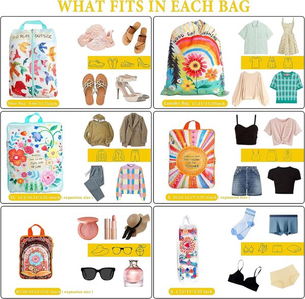 Lot de 6 cubes d'emballage de compression pour voyage – Organisateurs de bagages de style bohème naturel – Ultralégers, extensibles/de compression et organiseurs de voyage