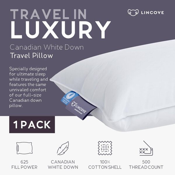 Lincove Oreiller de voyage canadien en plumes et duvet – Oreillers de luxe en peluche pour soutenir la tête, le cou, pendant que vous dormez dans les avions, les voitures, le camping, les hôtels et la