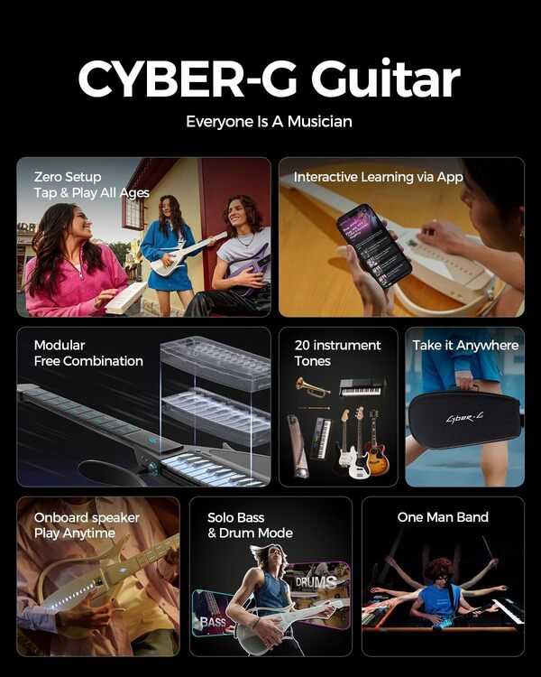 Enya Cyber-G Guitare intelligente sans cordes, guitare de voyage pliable,boîte à rythmes et ligne de basse, 20 sons d'instruments,pour débutants et adultes