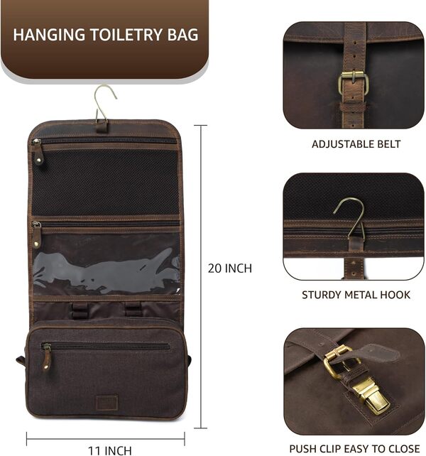 Leather Village Trousse de Toilette Suspendue pour Homme et Femme – Kit Dopp en Cuir, Trousse de Toilette de Voyage, Sac de Douche Suspendu pour Homme, idéal pour Les Voyages et l'organisation,