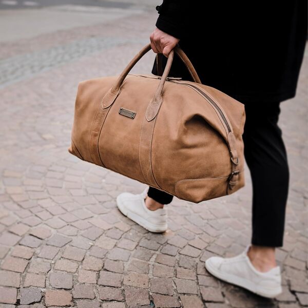 DRAKENSBERG Sac de voyage David en cuir pour homme et femme, design vintage, extensible, Marron havane (55 cm), Medium, 55cm, 45 Liter, Sac de voyage en cuir véritable