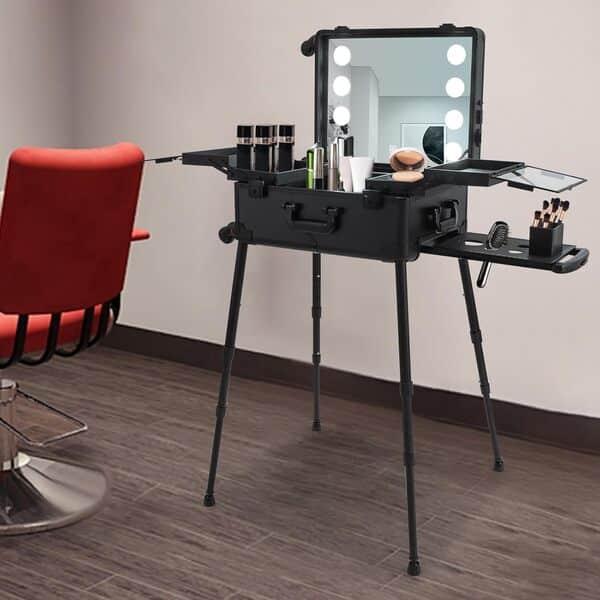 Loobiiny Mallette de maquillage à roulettes, avec miroirs réglables et jambes de support, trousse de coiffure, organisateur, Noir, Valise à roulettes avec LED