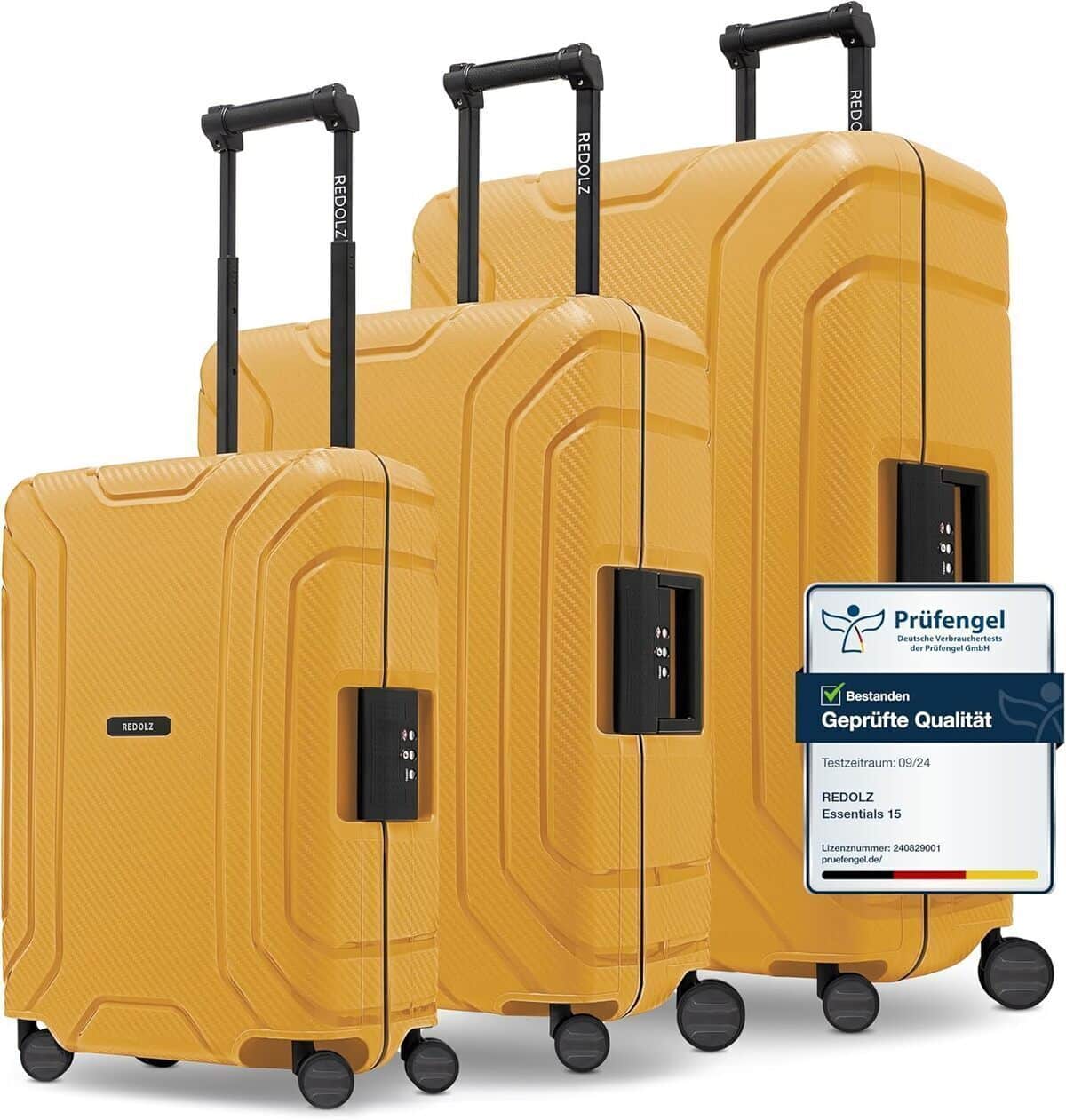Test du kofferset Redolz Essentials 15 : la valise rigide jaune foncé avec roulettes pivotantes